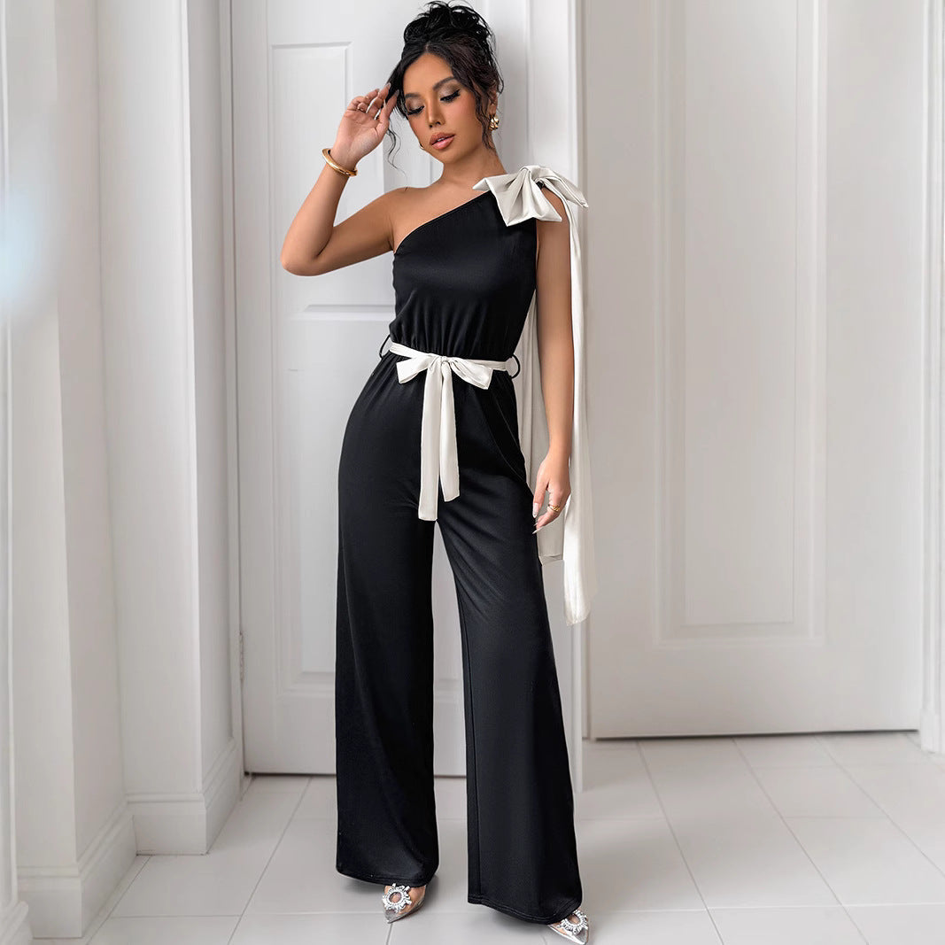 Elegant Women's Jumpsuit with Asymmetric Neckline and Decorative Waist Belt