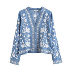 Women's Vintage-Style Embroidered Blouse with Collar and Button Closure