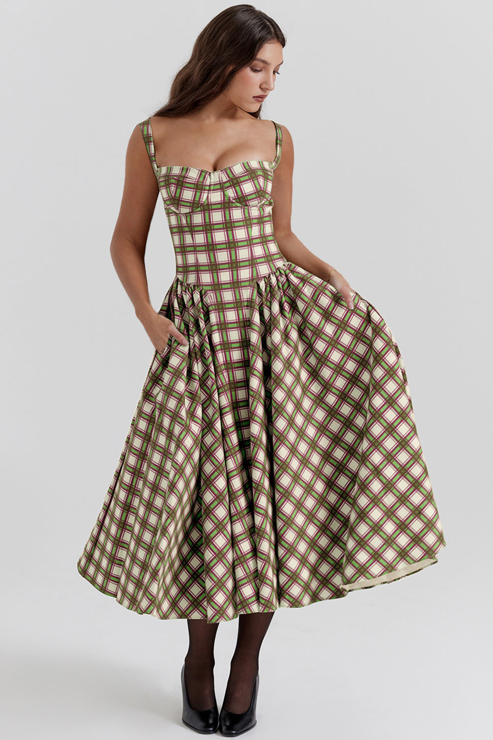 Women's Maxi Skirt with Plaid Design and Pockets