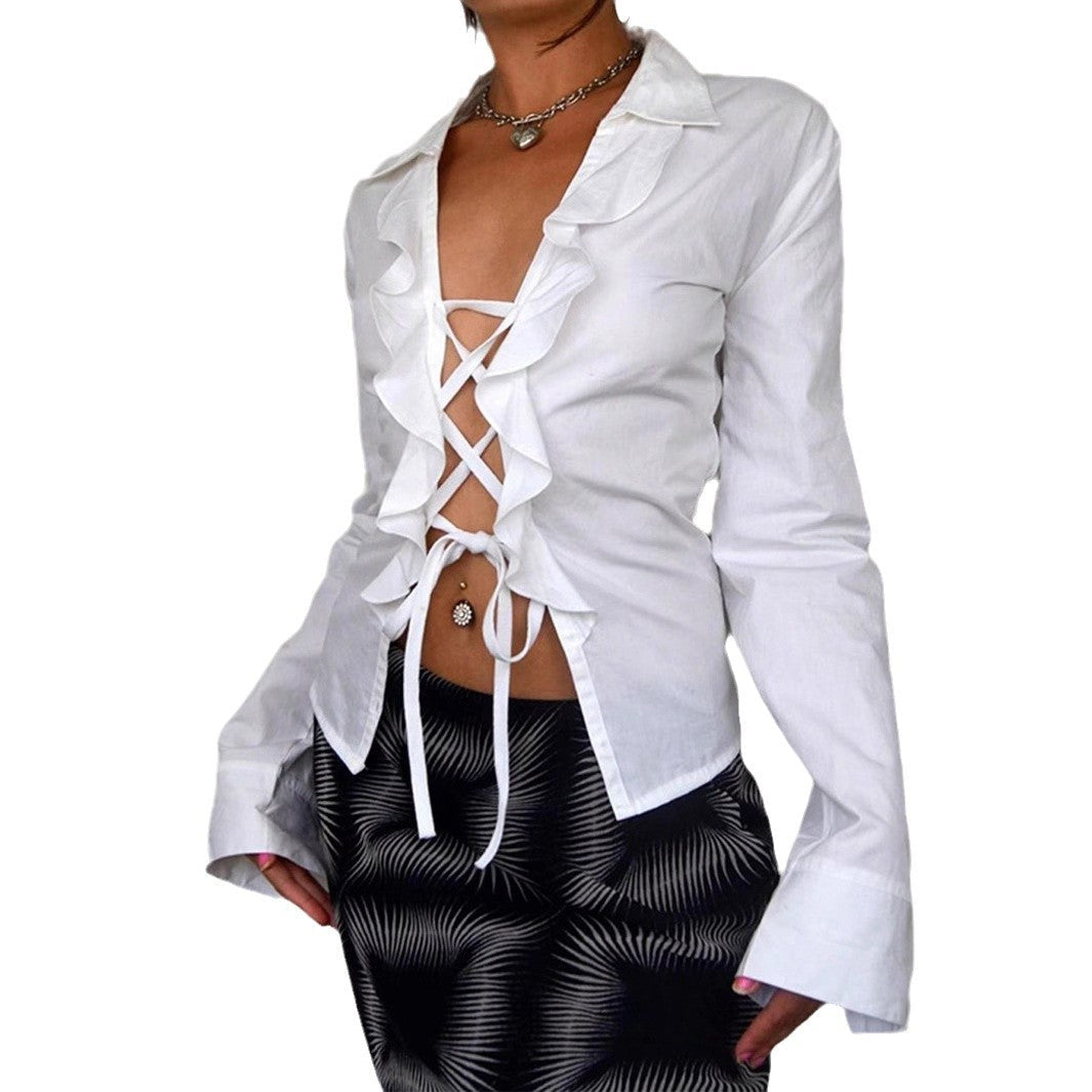 Women's Blouse with Voluminous Ruffles and Adjustable Waist