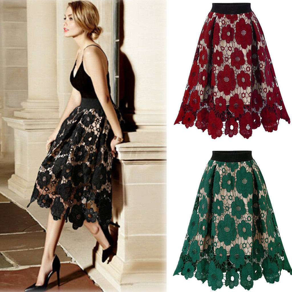 Flared Midi Skirt with Floral Lace Appliqué and Scalloped Hem