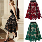 Flared Midi Skirt with Floral Lace Appliqué and Scalloped Hem