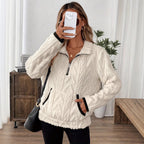 Women's Fluffy Teddy Sweater with High Collar and Pockets