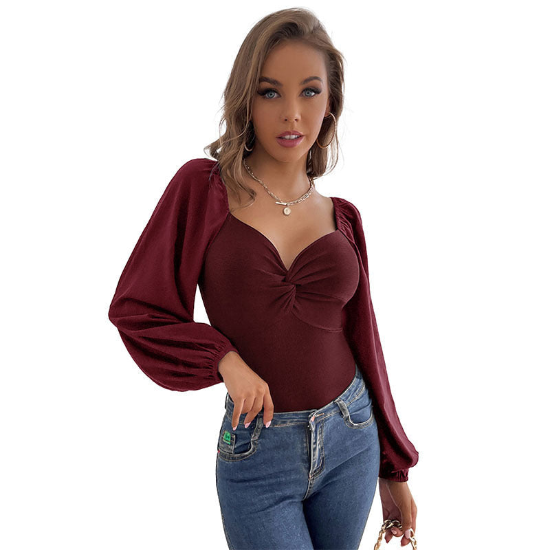 Women's Bodysuit with Knot Details and Puff Sleeves
