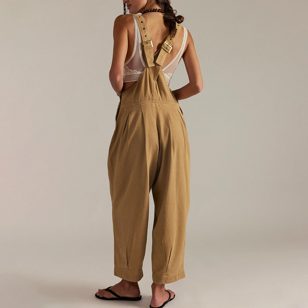 Women's Casual Denim Overall with V-Neck and Pockets