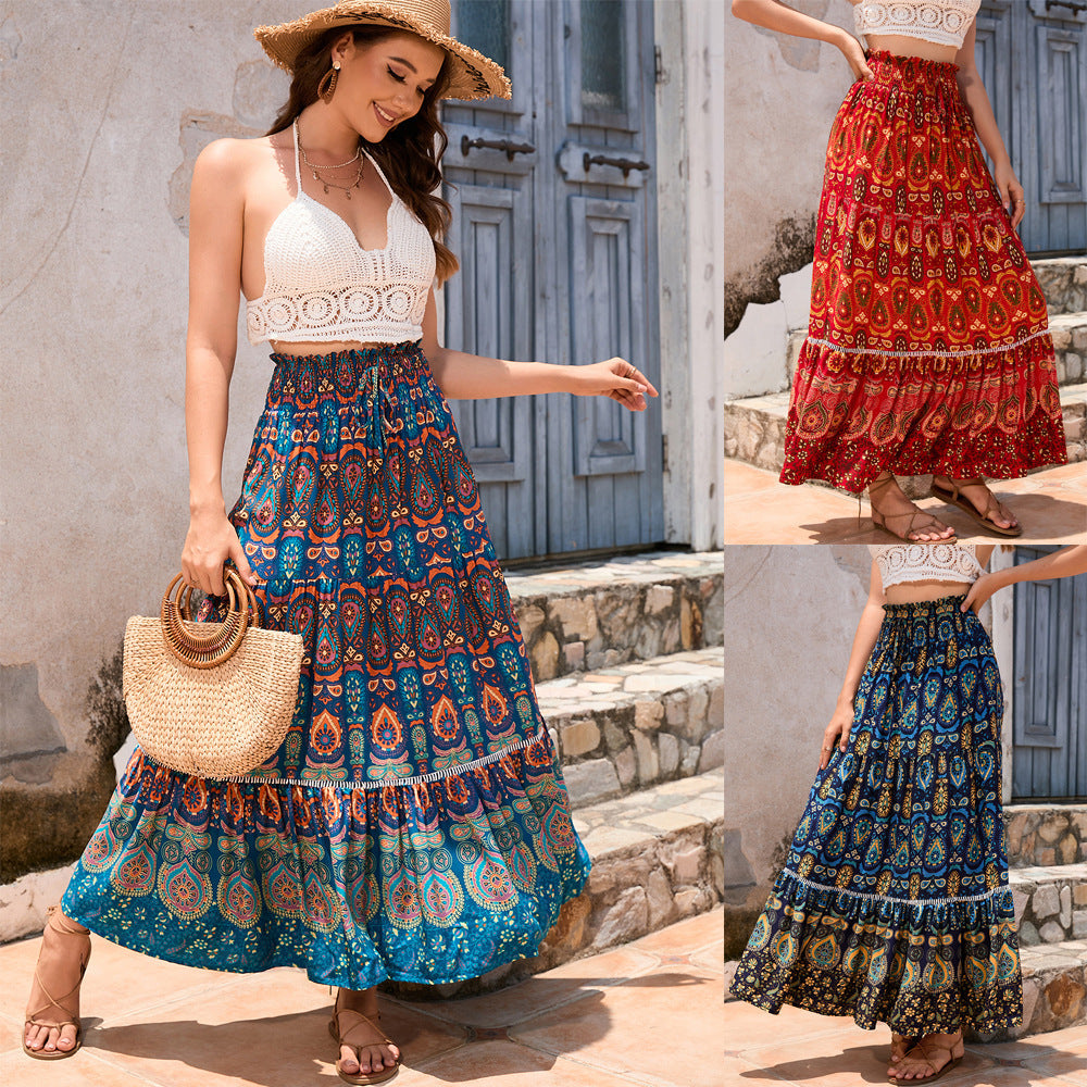 Women's Maxi Skirt with Playful Paisley Pattern and Ruffle Details