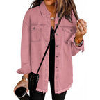 Casual Denim Shirt with Frayed Hems and Chest Pockets