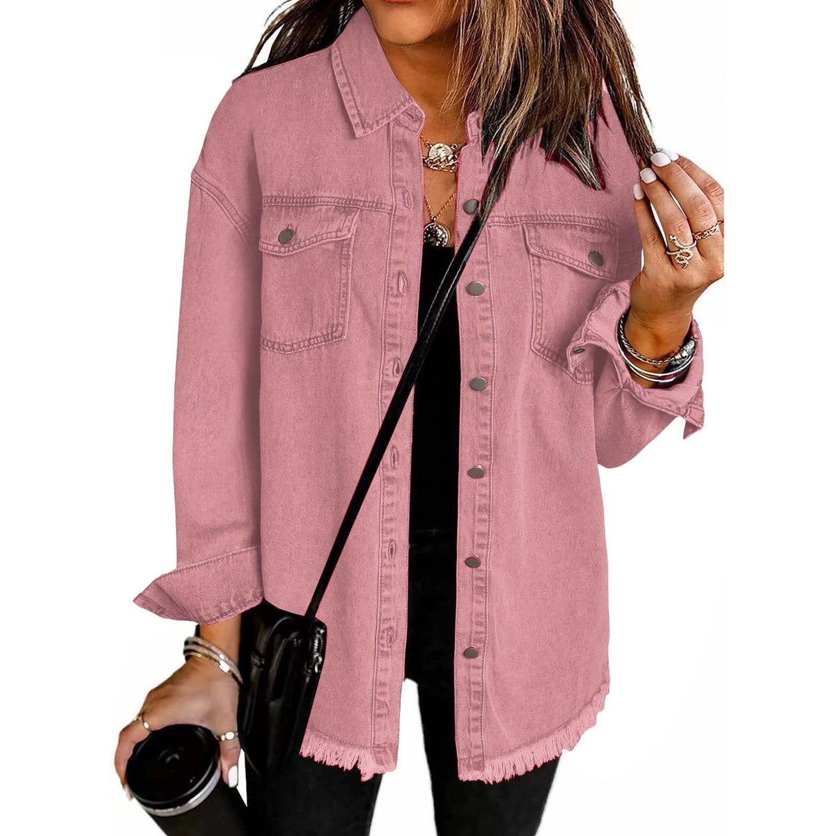 Casual Denim Shirt with Frayed Hems and Chest Pockets