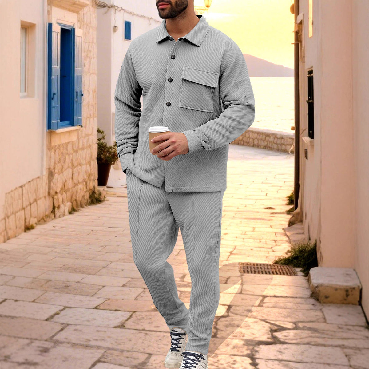 Men's Shirt Jacket Set with Flap Pocket and Tapered Trousers