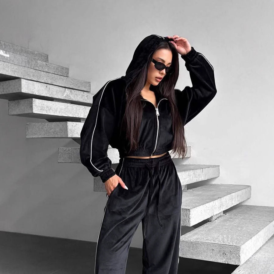 Women's Velour Loungewear Suit with Hood and Elastic Waistband