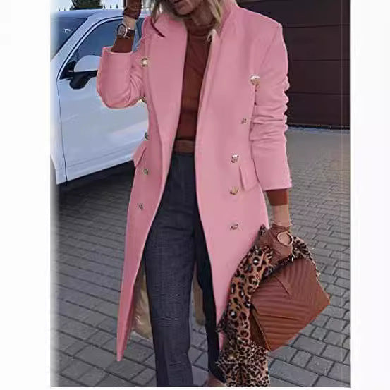 Women's Elegant Double-Breasted Coat with Gold Buttons and Tailored Fit