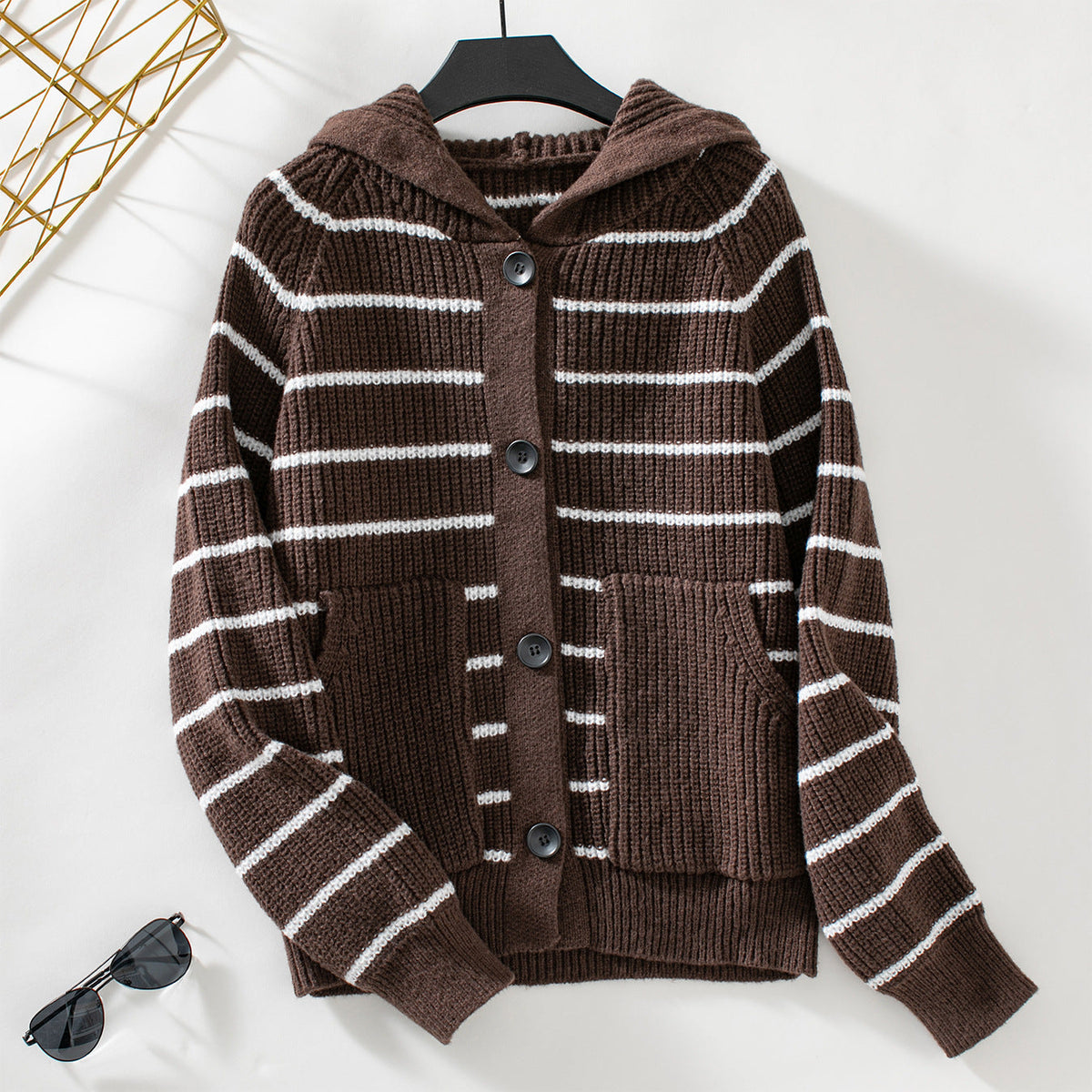 Women's Striped Cardigan with Hood and Pockets