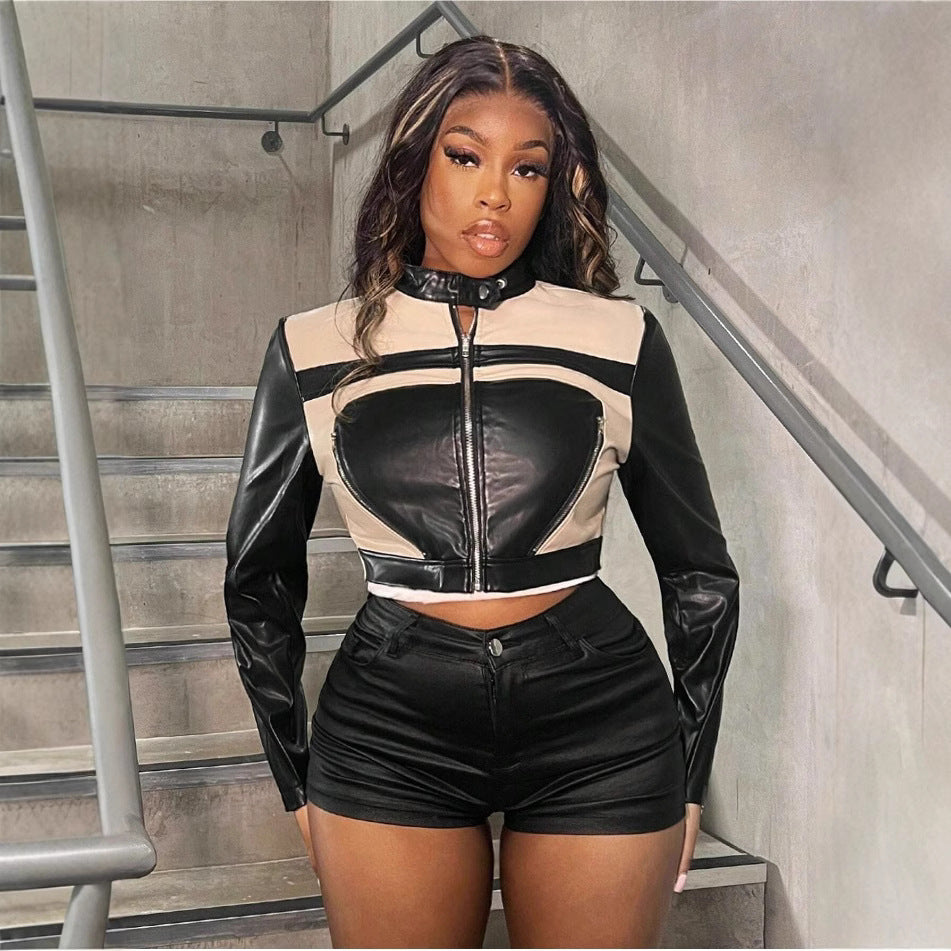 Women's Cropped Faux Leather Jacket with Sporty Decorative Details