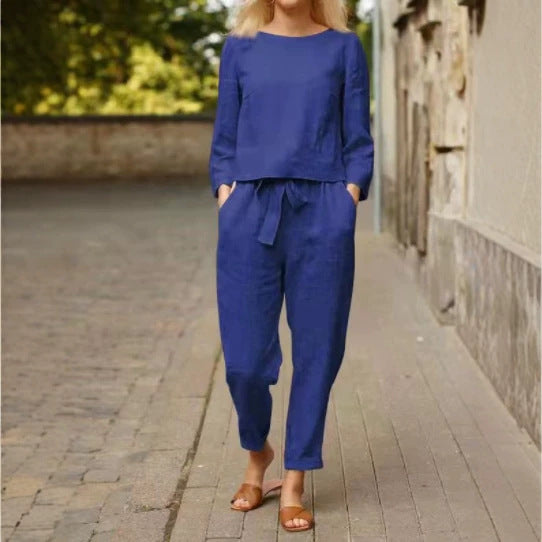 Women's Casual Linen Loungewear Set with Round Neck and Tie Belt