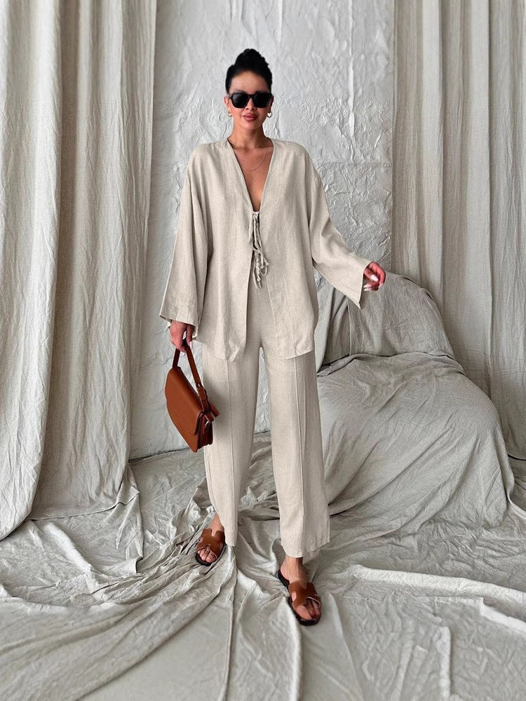 Women's Casual Two-Piece Set with Wide-Cut Top and Comfortable Pants