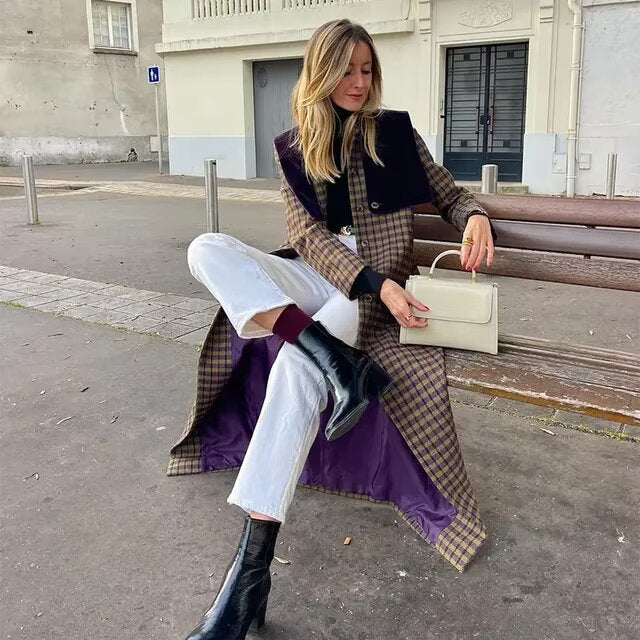 Women's Plaid Trench Coat with Luxurious Velour Details