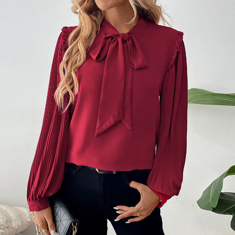 Elegant Women's Blouse with Ruffle Details and Tie Neck
