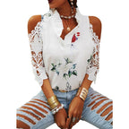 Women's Blouse with Cut-Out Sleeves and Floral Design