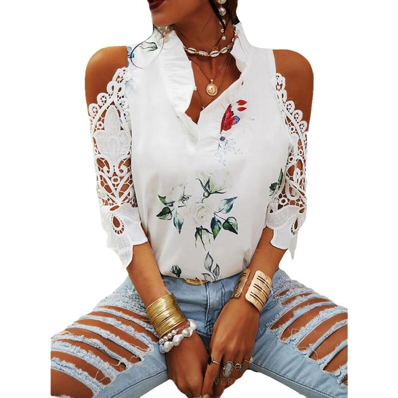 Women's Blouse with Cut-Out Sleeves and Floral Design