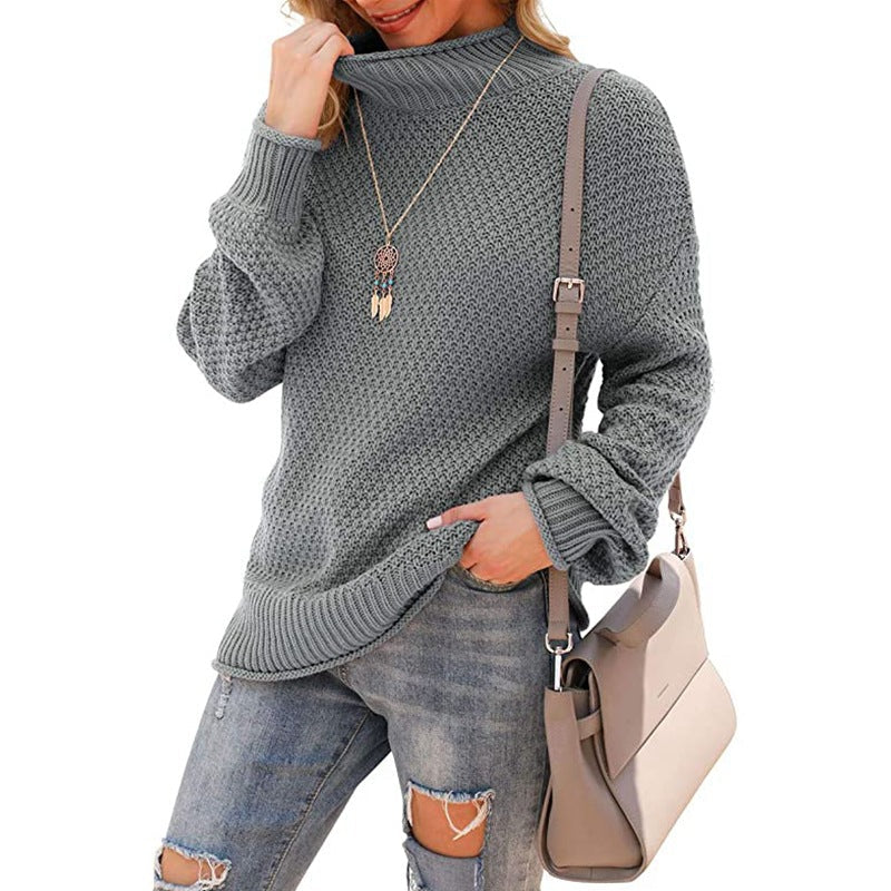 Women's Chunky Knit Sweater with High Collar and Textured Surface