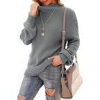 Women's Chunky Knit Sweater with High Collar and Textured Surface