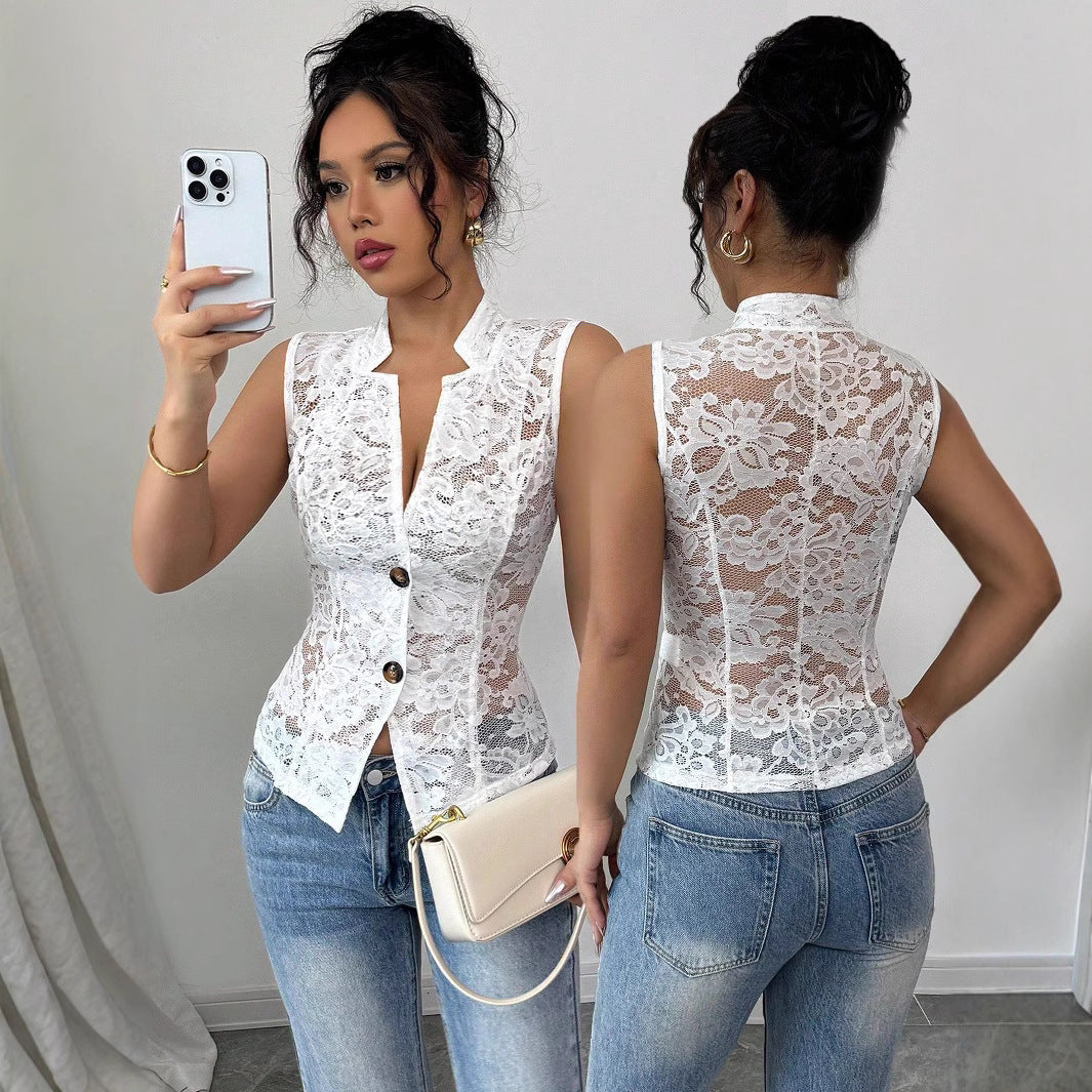 Women's Lace Shirt Blouse with Elegant Button Placket