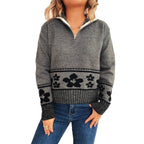 Women's Chunky Knit Sweater with Floral Patterns and Practical Half-Sleeves