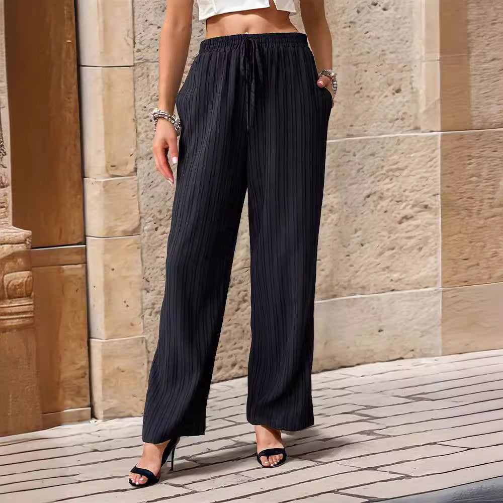 Women's Elegant Casual Trousers with Striped Design and Elastic Waist