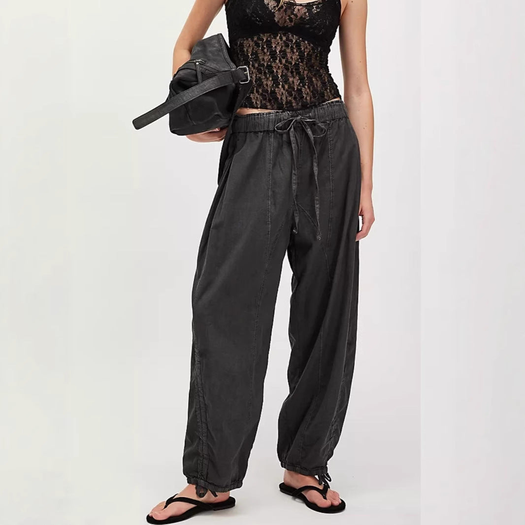 Women's Comfortable Casual Pants with Waistband and Decorative Lacing