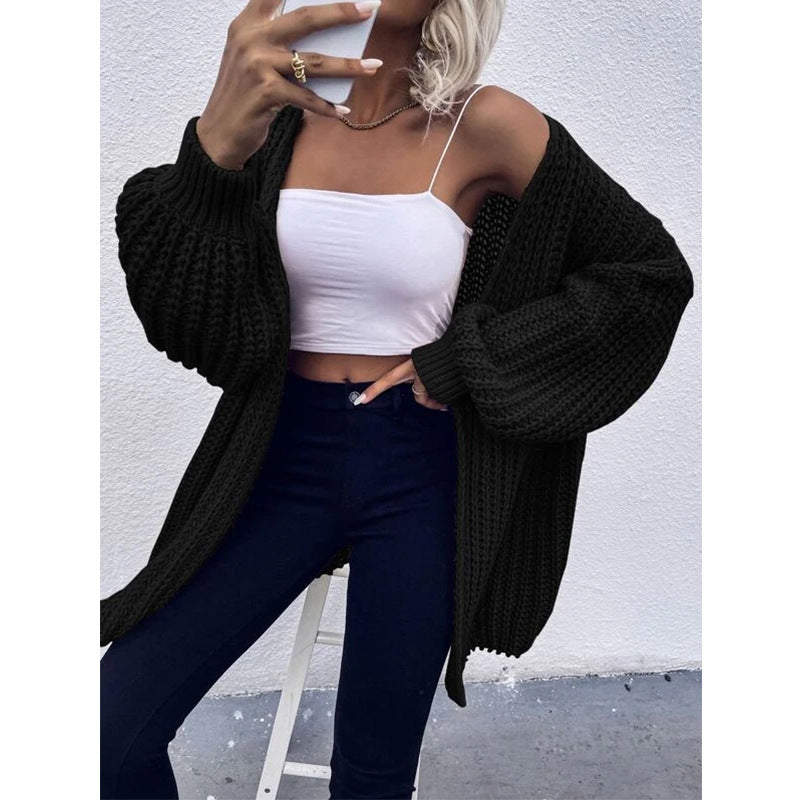 Women's Chunky Knit Cardigan with Wide Sleeves and Casual Look