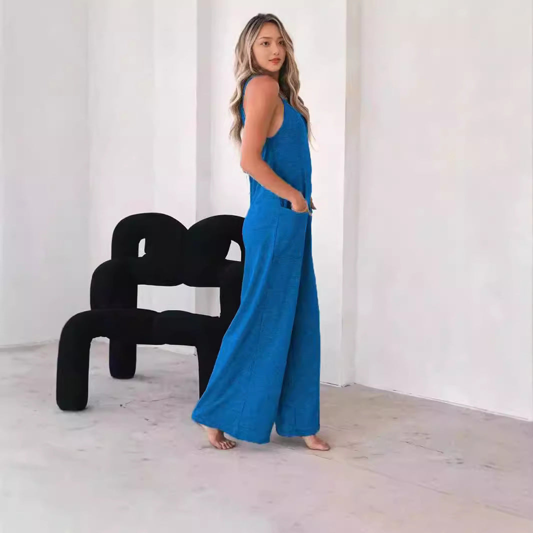 Women's Casual Wide-Leg Jumpsuit with Pockets