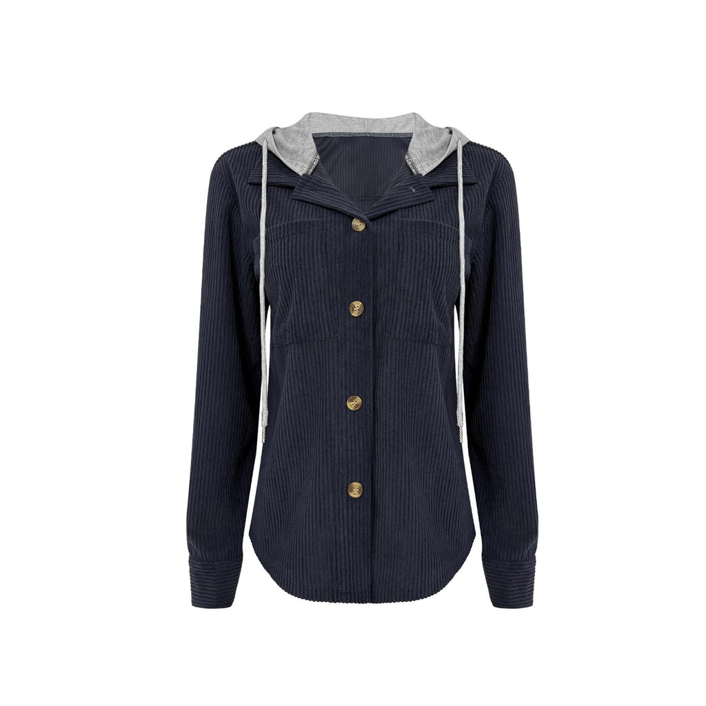 Women's Hooded Blouse with Textured Fabric and Practical Button Details