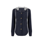 Women's Hooded Blouse with Textured Fabric and Practical Button Details
