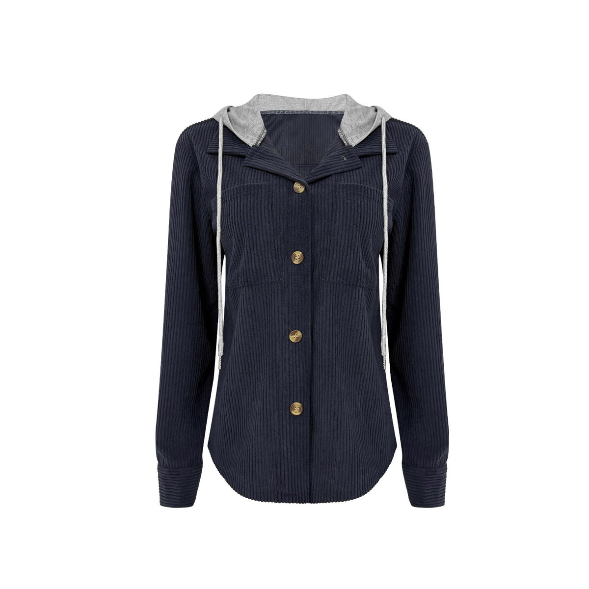 Women's Hooded Blouse with Textured Fabric and Practical Button Details