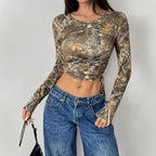 Women's Form-Fitting Long Sleeve Shirt with Ruching and Camouflage Design