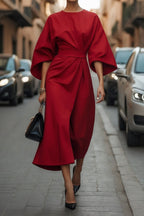 Women's Elegantly Cut Maxi Dress with Puff Sleeves and Fitted Belt