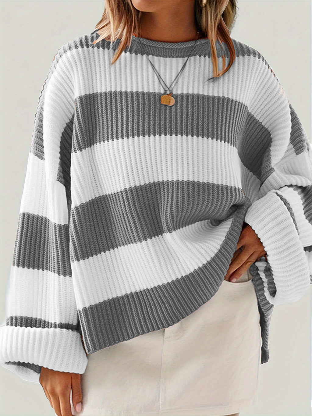 Women's Striped Knit Sweater with Wide Fit