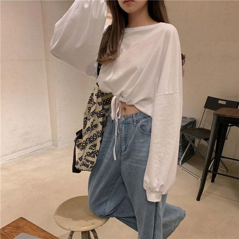 Women's Cropped Sweatshirt with Drawstring and Oversized Sleeves