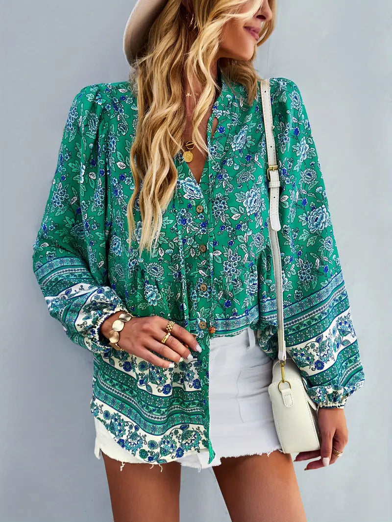 Women's Floral Blouse Top with Volant Sleeves