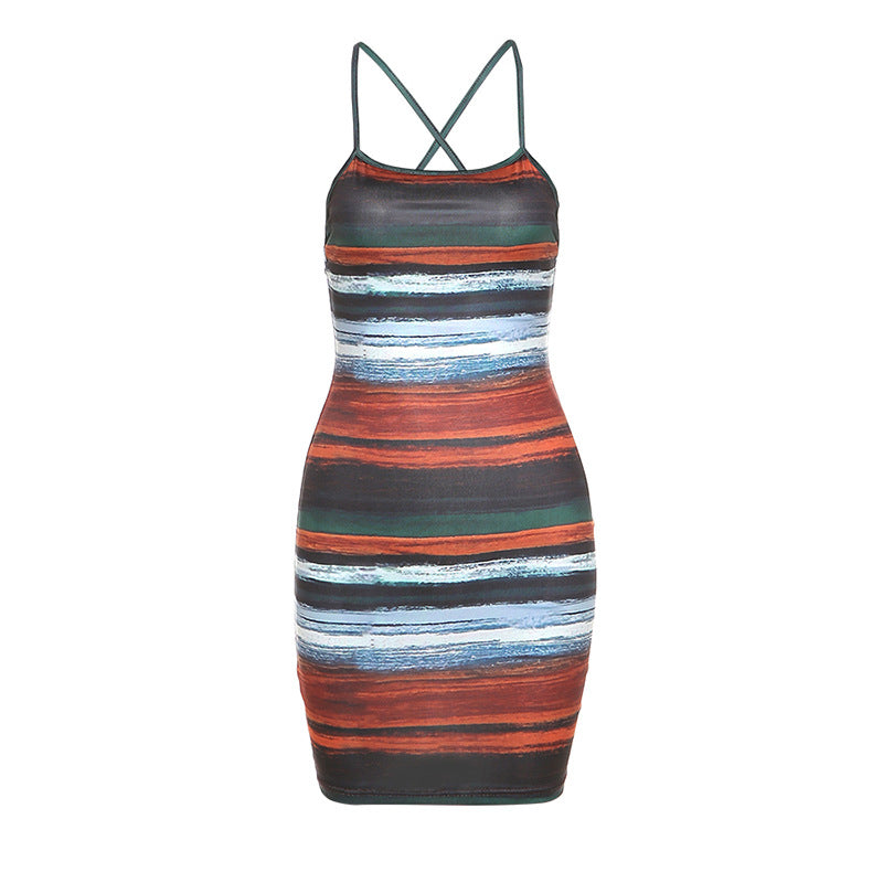 Women's Bodycon Dress with Striped Pattern and Spaghetti Straps