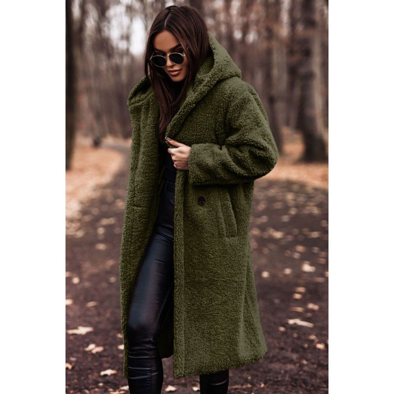 Women's Fluffy Teddy Coat with Hood and Button Detail