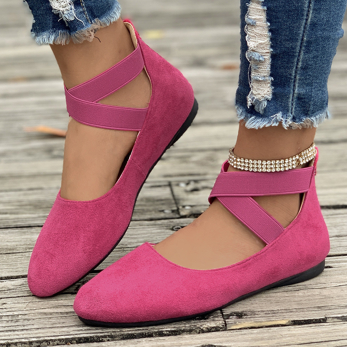 Women's Ballet Flats with Elastic Criss-Cross Straps