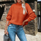 Women's Chunky Knit Sweater with High Collar and Balloon Sleeves