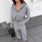 Women's Comfortable Sportswear Set with Hooded Jacket and Wide Pants