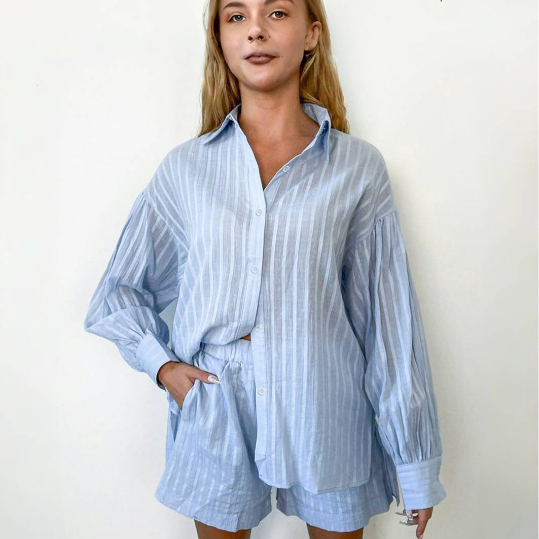 Women's Lightweight Short-Sleeve Blouse Set with Waistband and Striped Design