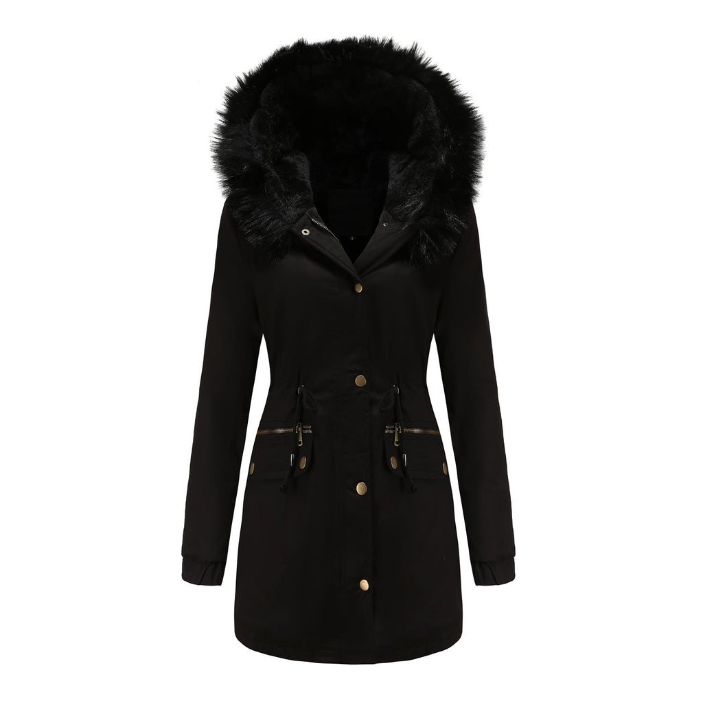Women's Insulated Parka with Detachable Faux Fur Collar and Adjustable Waist