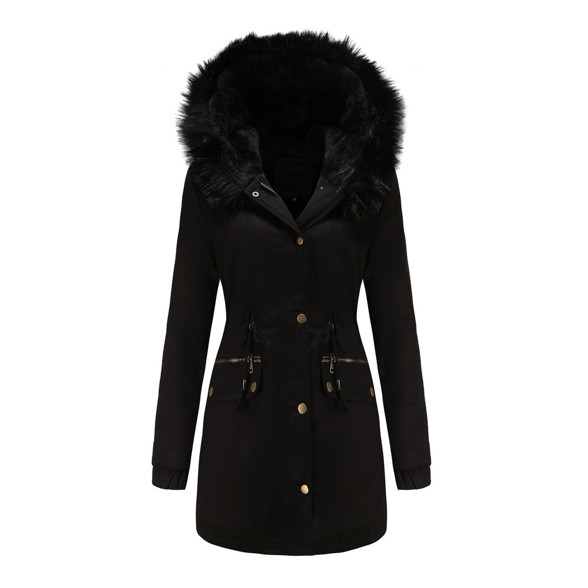 Women's Insulated Parka with Detachable Faux Fur Collar and Adjustable Waist