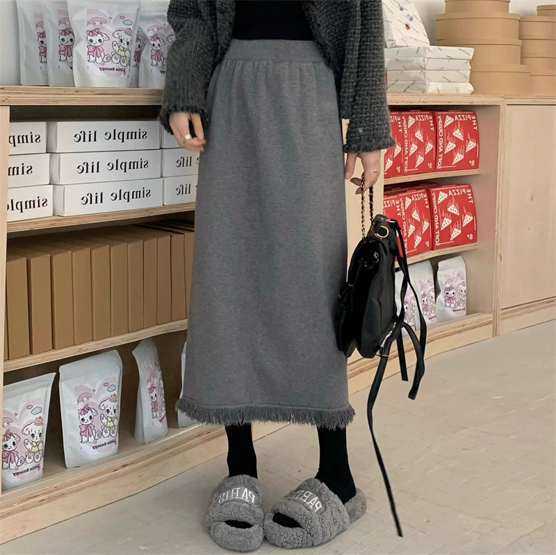 Women's Fashionable Midi Skirt with Fringed Hem