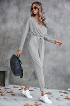 Women's Casual Long-Sleeve Wrap Jumpsuit with Elastic Waist