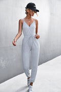 Women's Casual Jumpsuit with Deep V-Neck and Adjustable Waist